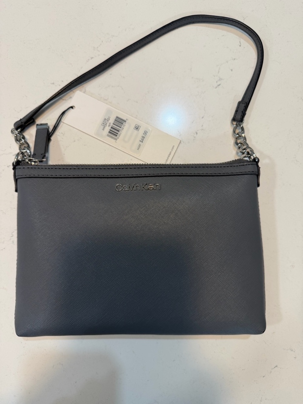 Calvin Klein Gray Saffiano Crossbody with Chain Accent